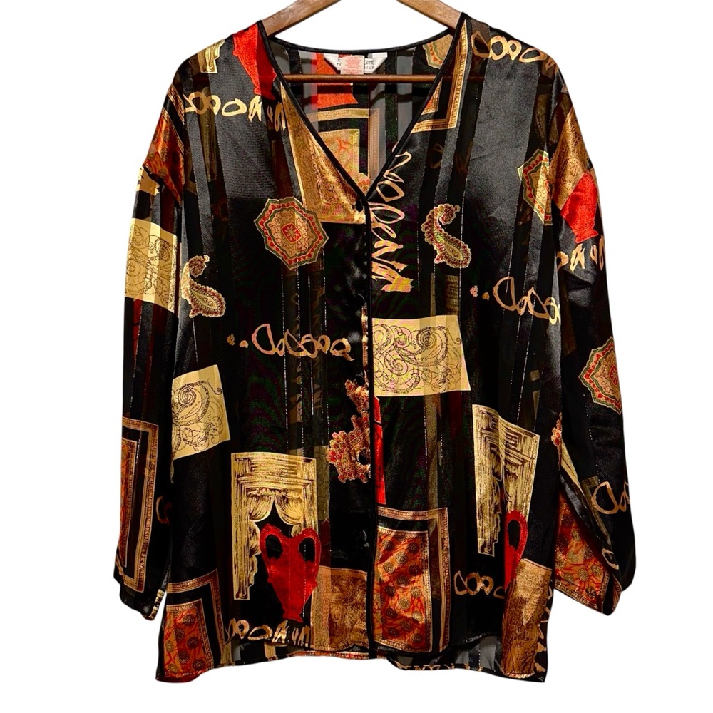 90s Sheer Blouse Autumn Art Print Maximalist Dark Boho Statement Layering Top M
